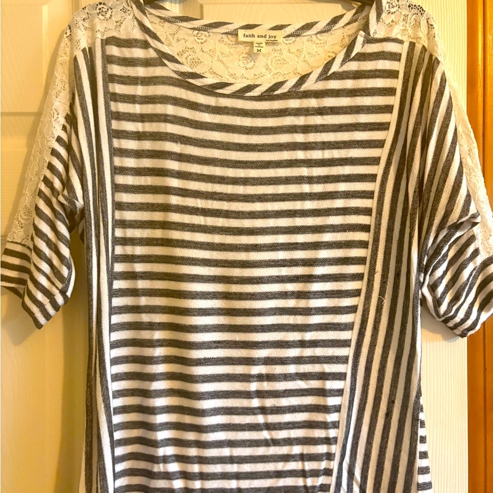 Faith and Joy Black and White Striped Top with Lace Sleeves